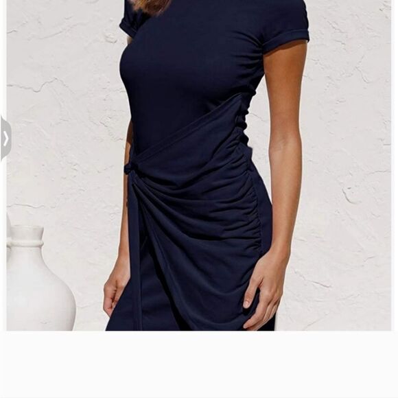 Navy drape tie waist short sleeve dress - Picture 2 of 4